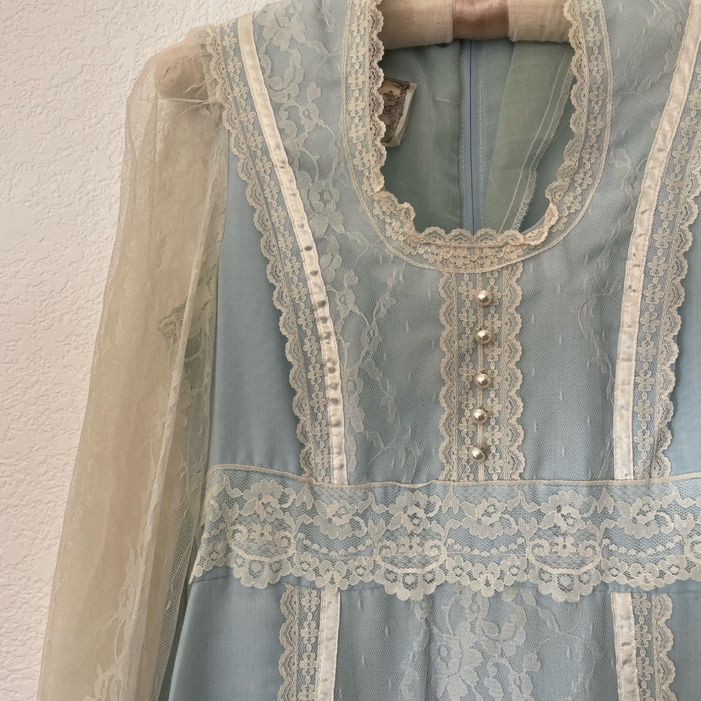 Gunne Sax Lace Blue Pearl Maxi Dress
